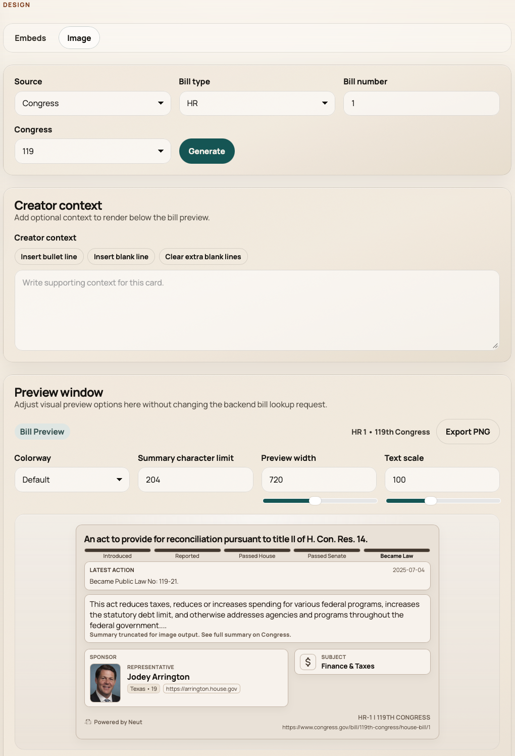 Design image workflow generating a transparent PNG bill preview with width and colorway controls