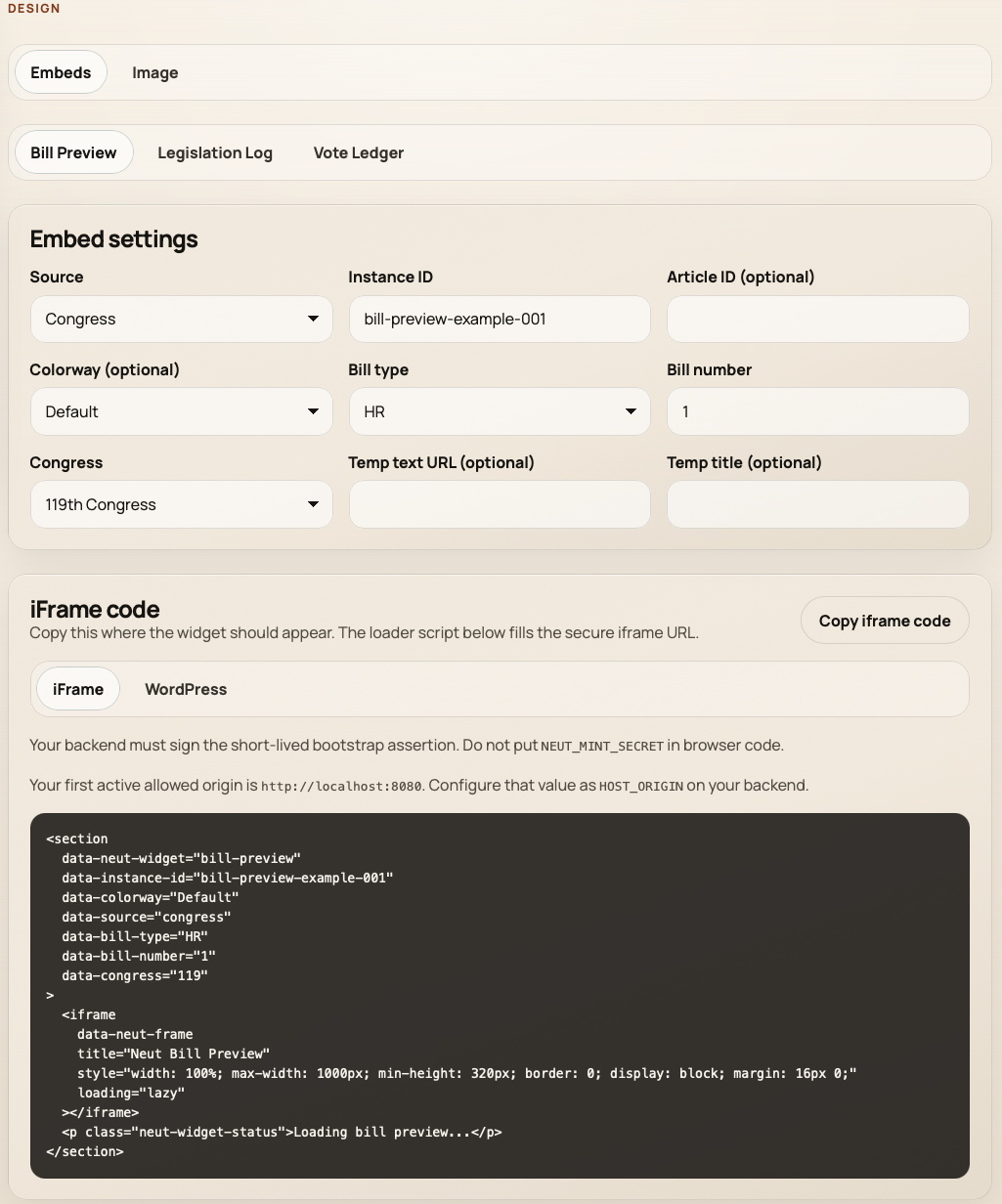 Design embed builder configuring an authenticated Bill Preview widget with copy-ready embed code
