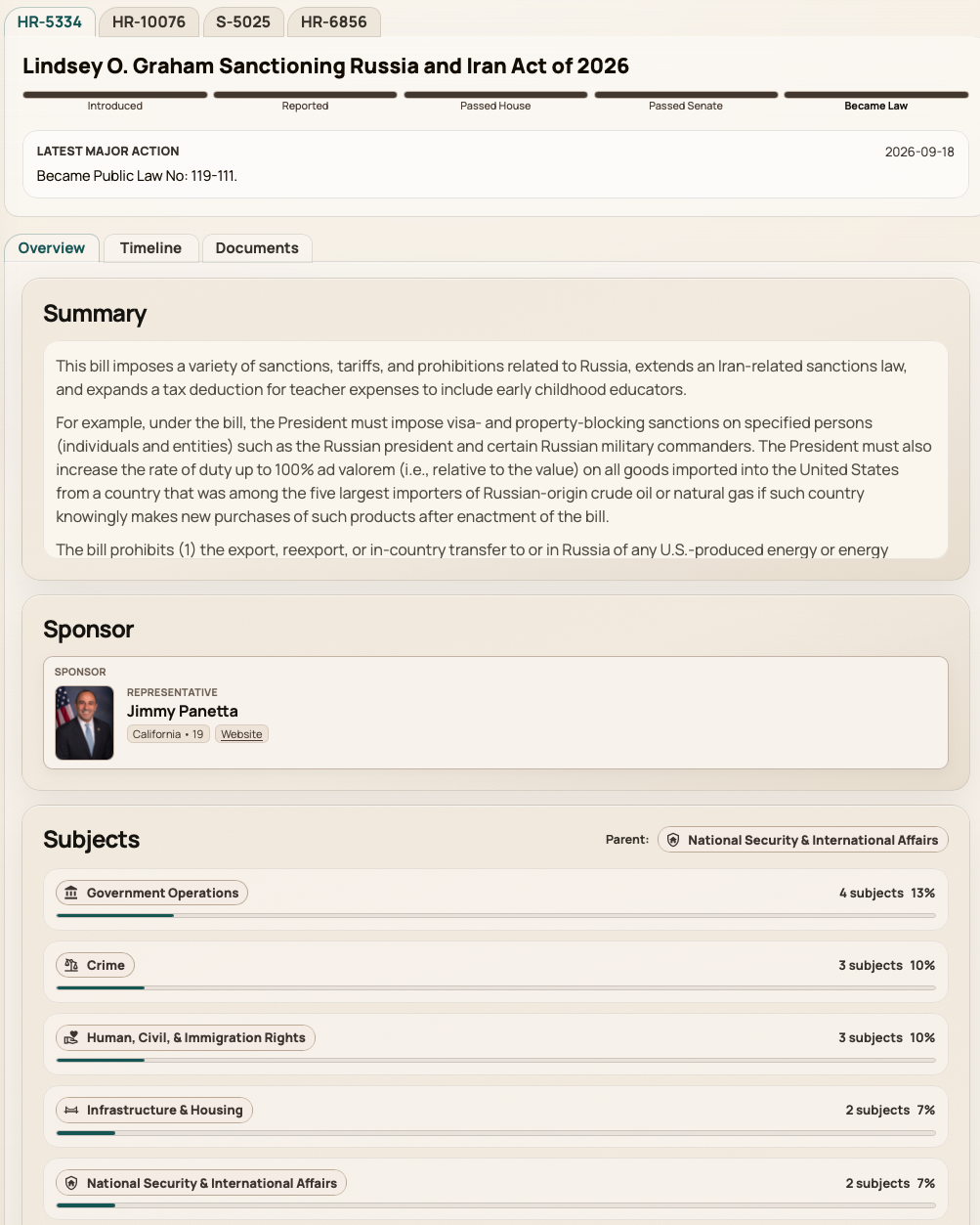 Congress bill detail page showing summary, sponsors, and legislative history sections