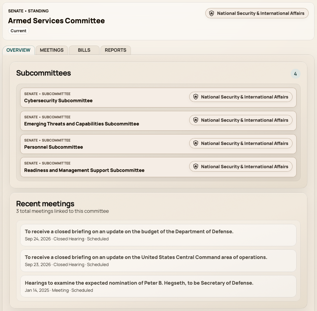Congress committee detail page with recent meetings and related legislative context