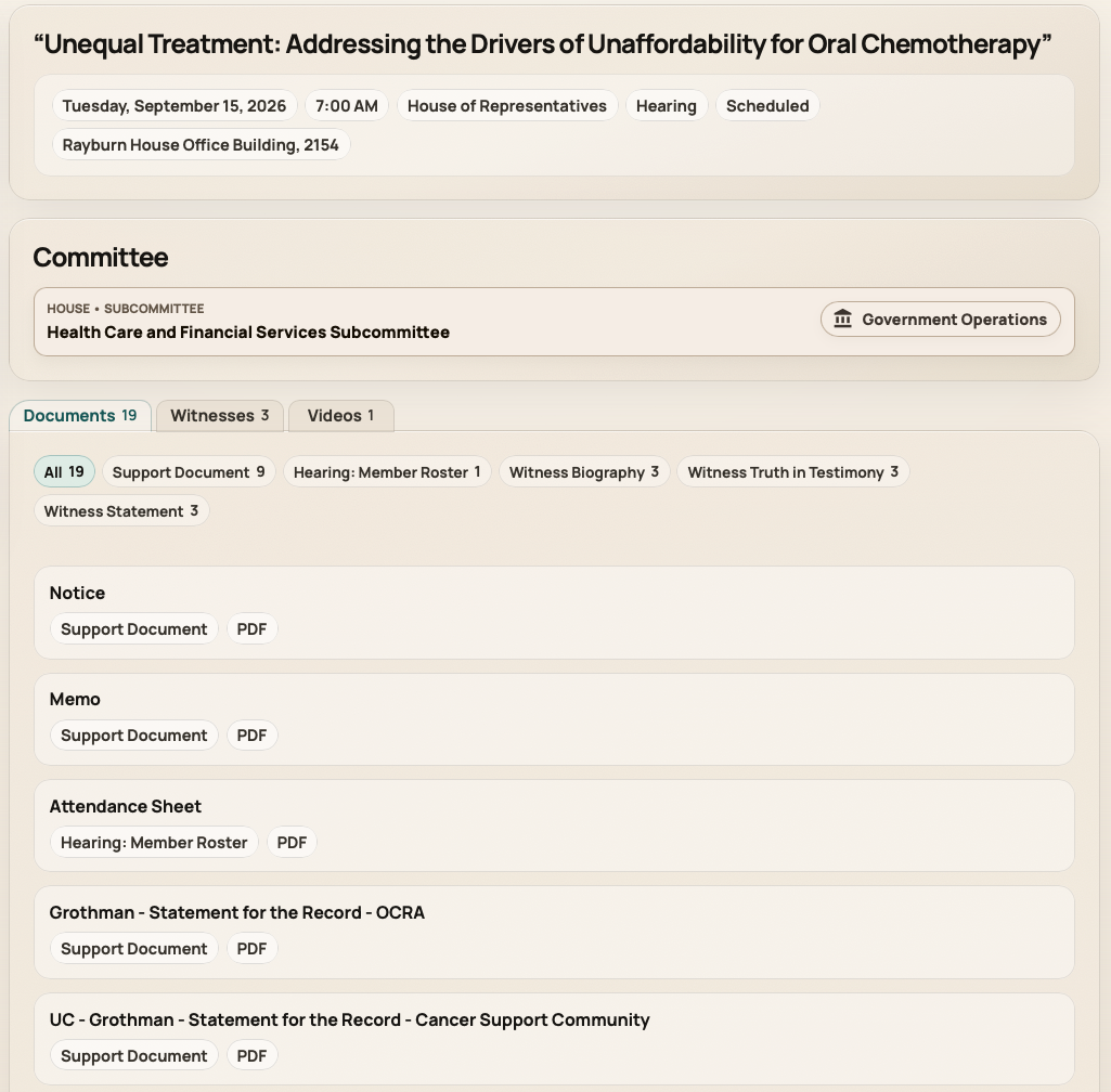 Congress committee meeting detail page with related bills and hearing materials