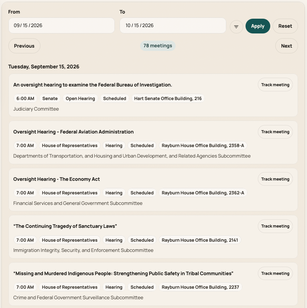 Congress meetings list showing upcoming and past committee meetings and hearings