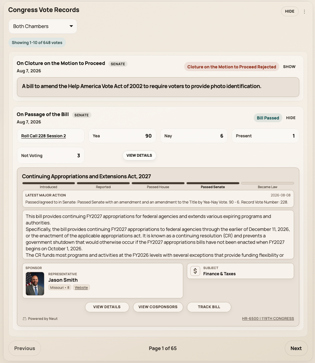 Congress vote records list with chamber filters in the Research Center