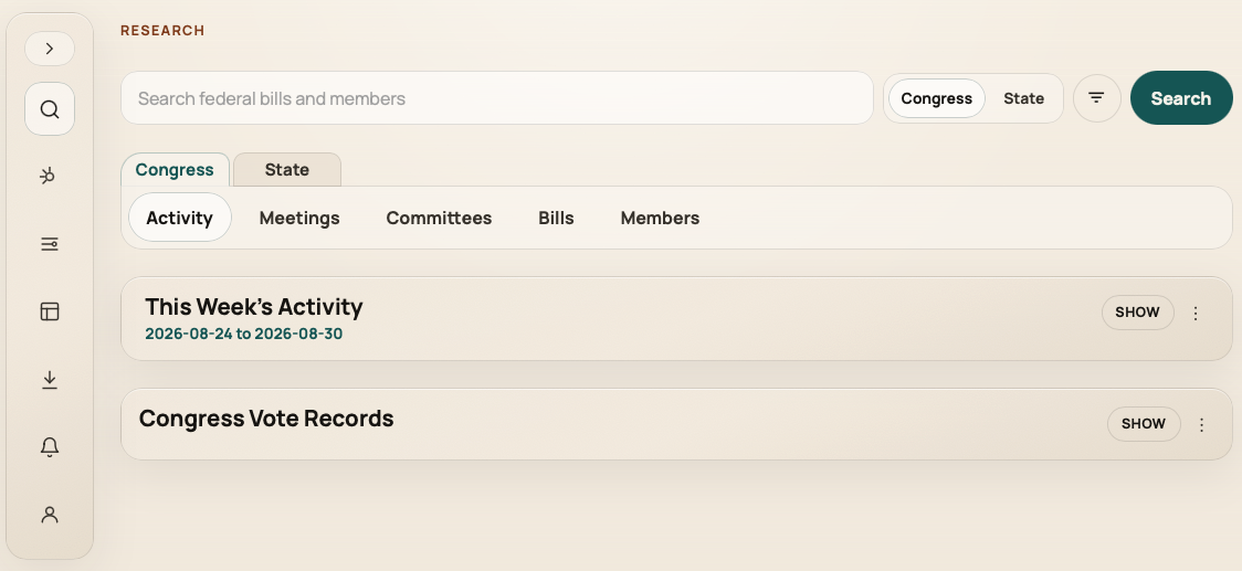 Neut Customer Console Research Center overview with Congress and State search and Activity, Meetings, Committees, Bills, and Members views