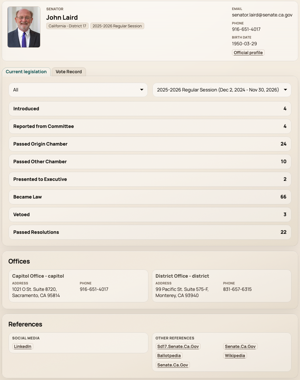State member detail page with related legislation for a state legislature