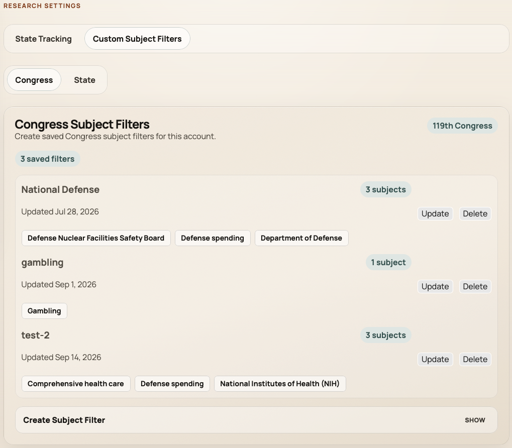 Research Settings custom subject filters list for Congress and state issue groupings