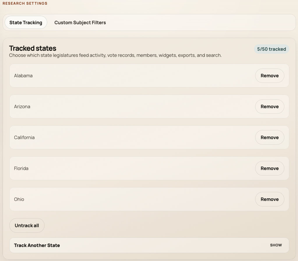 Research Settings showing monitored state legislature selections for the account