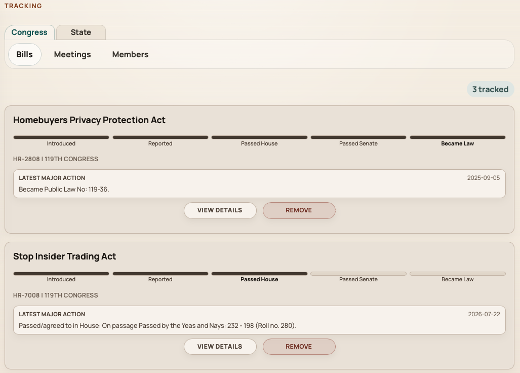 Tracking workspace listing saved bills, congressional meetings, and members for the account